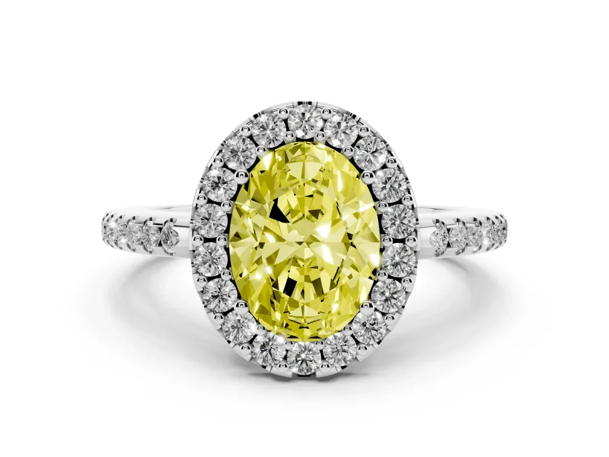 Fancy Yellow Oval Cut Diamond Pavé Halo Ring with Four-Prong Setting Silver