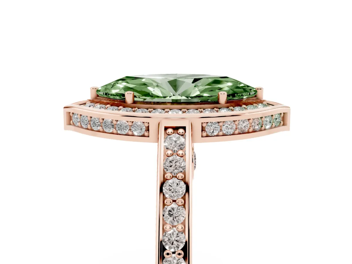 Fancy Green Marquise Cut Cut Halo Pave Split Shank Prong Setting Ring Rose gold