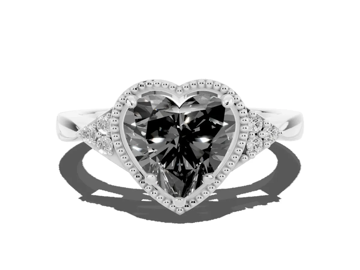 Fancy Black Hexagonal Halo Heart Cut Diamond Solitaire with Pavé Band and Four-Prong Setting Silver