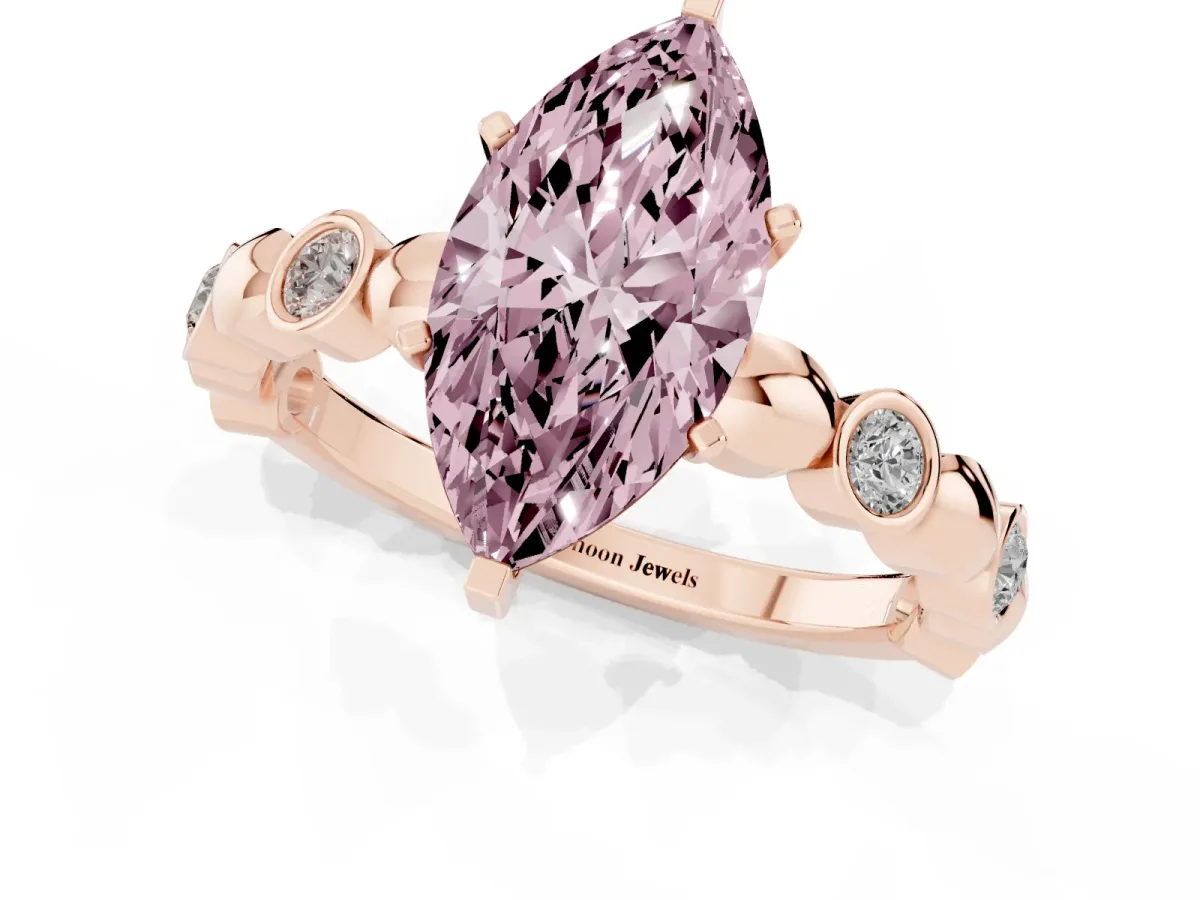 Fancy Pink Marquise Cut Solitaire Bezel-Set Diamond Ring with Beaded Band and Four-Prong Setting Rose gold