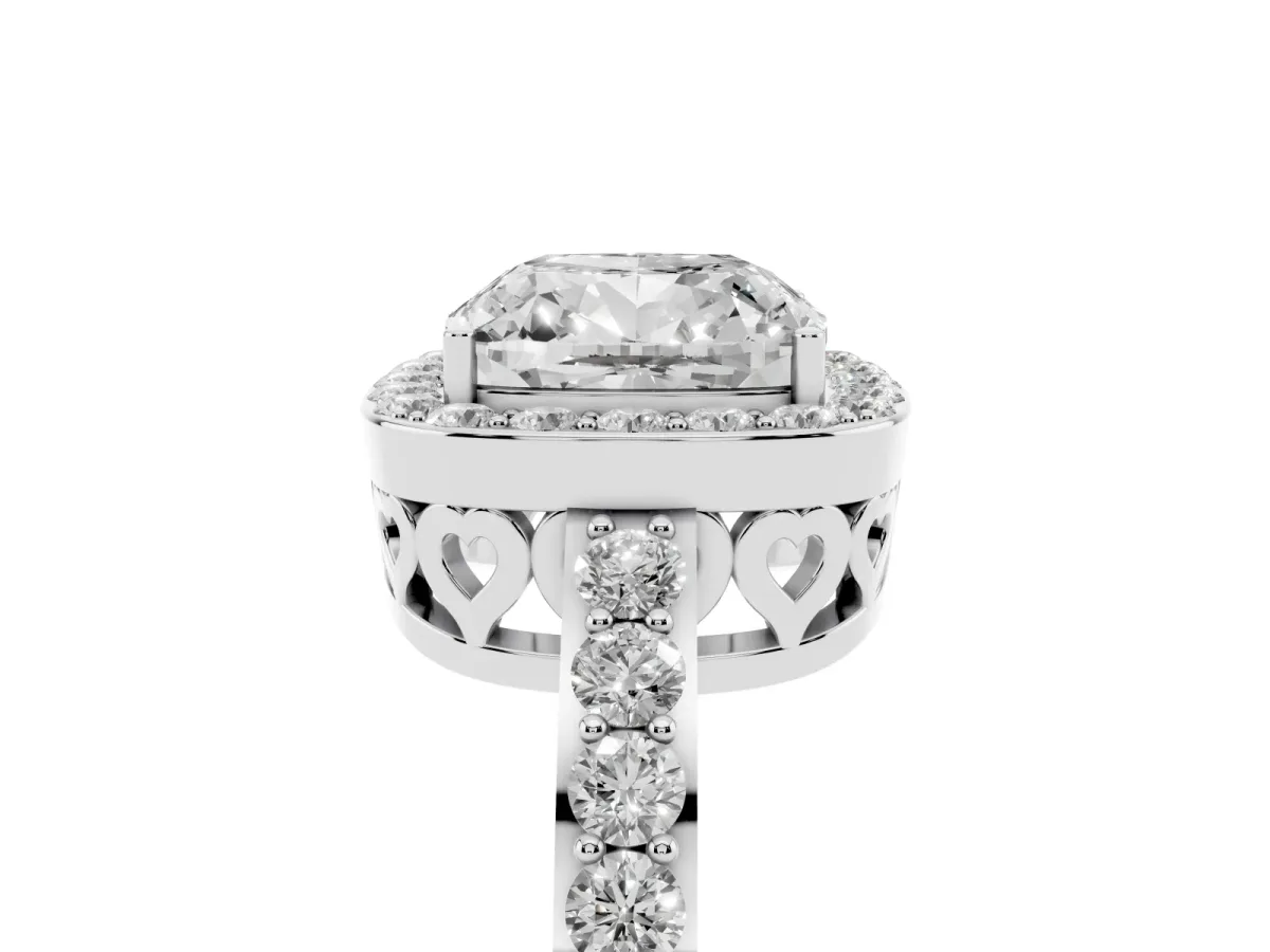 Cushion Cut Halo Diamond Pavé Band Ring with Prong Setting Silver