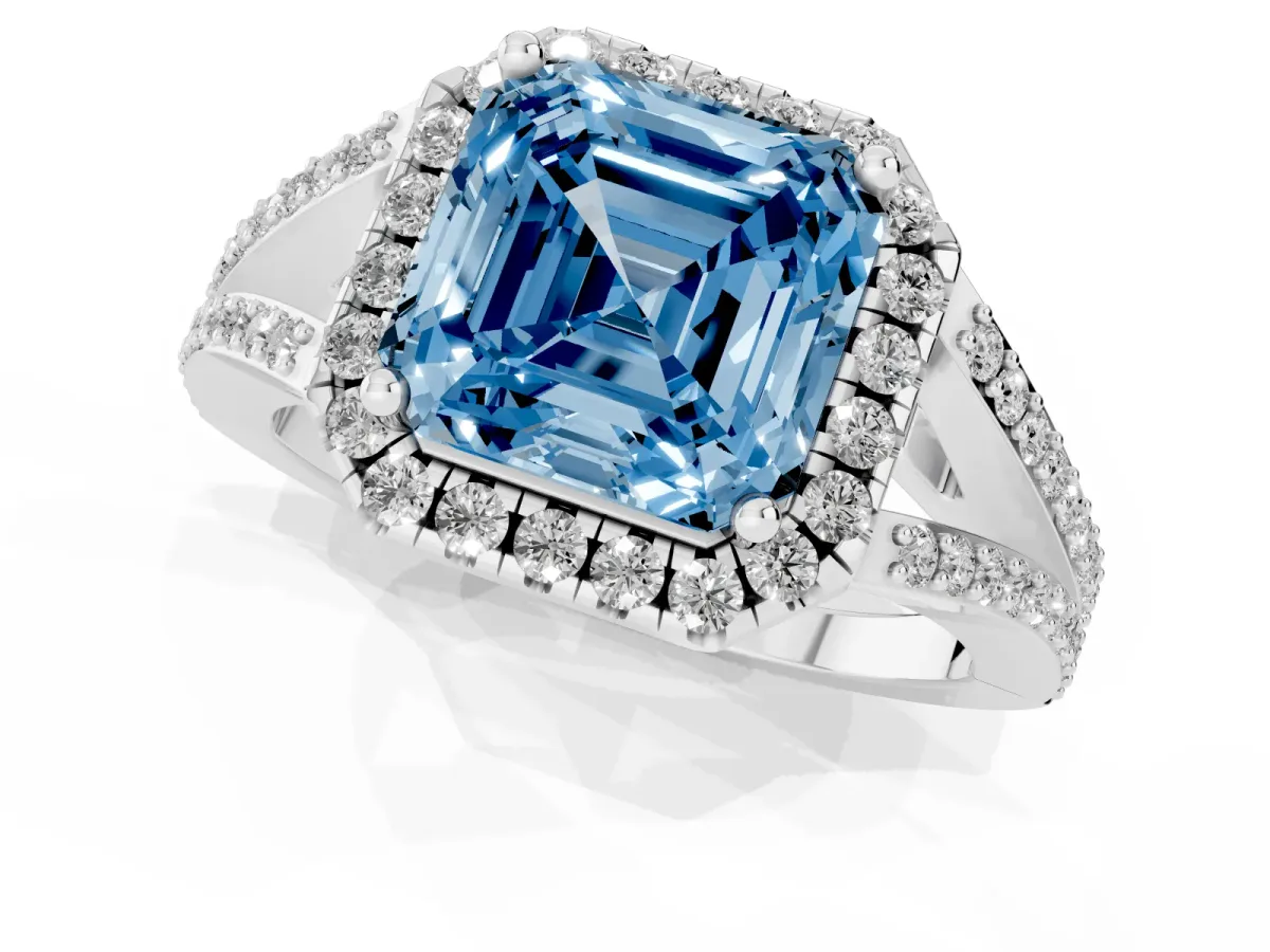 Fancy Blue Asscher Cut Halo Split Shank Diamond Ring with Prong Setting Platinum