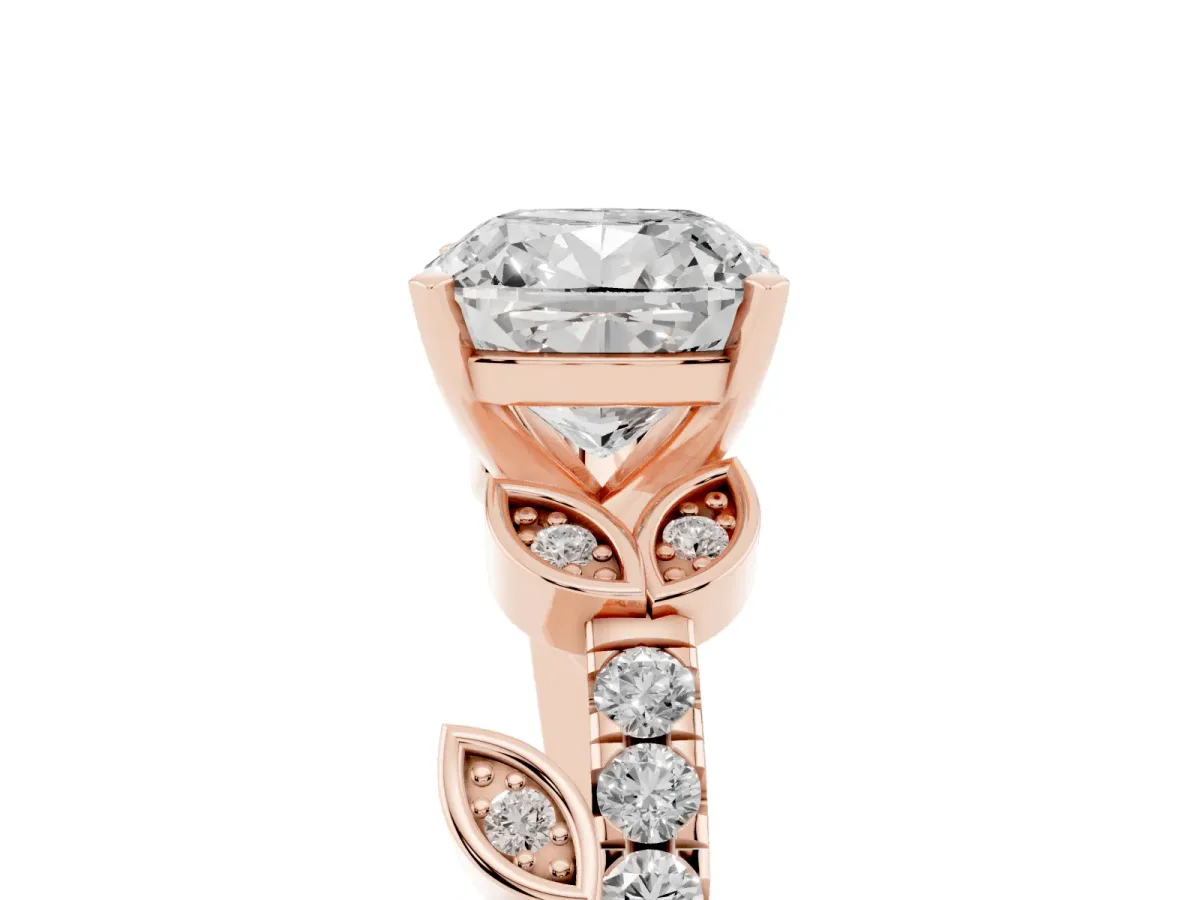 Cushion Cut Solitaire Leaf-Inspired Diamond Ring with Pavé Band and Four-Prong Setting Rose gold