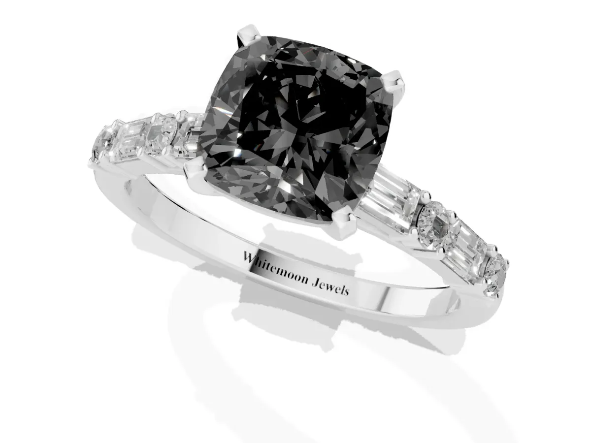 Fancy Black Cushion Cut Diamond Solitaire with Side Baguettes and Channel Set Band White gold