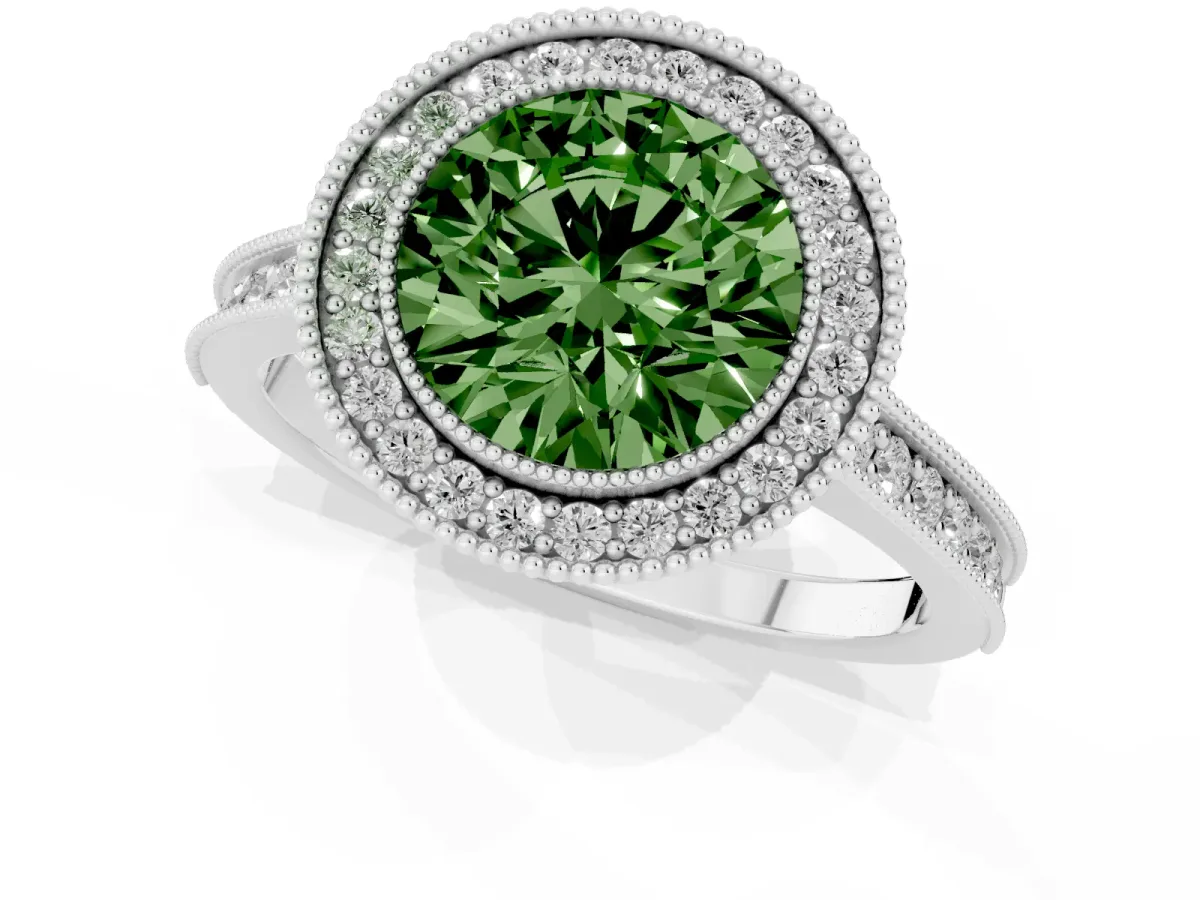 Fancy Green Halo Round Cut-Cut Diamond Pave Band Milgrain Prong Setting Ring Silver