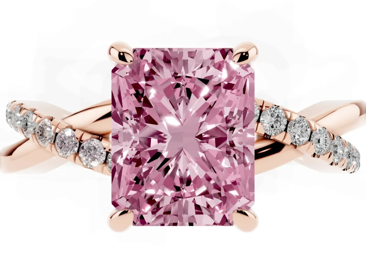 Fancy Pink Radiant Cut Cut Diamond Twist Band Solitaire with Prong Setting Rose gold