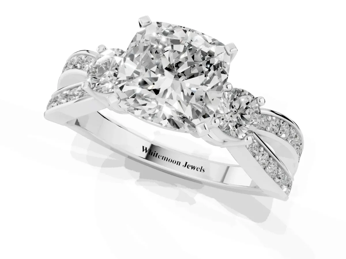 Three-Stone Cushion Cut Cut Diamond Twist Band with Prong Setting Platinum