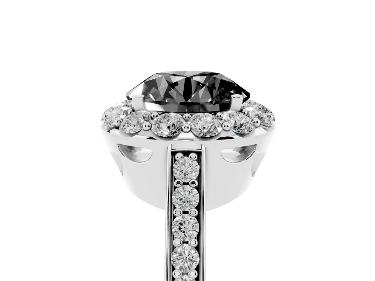 Fancy Black Round Cut Diamond Floral Halo Ring with Pavé Band and Prong Setting Silver