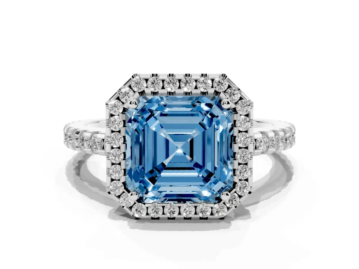 Fancy Blue Asscher Cut Diamond Halo Engagement Ring with Pavé Band and Prong Setting Platinum