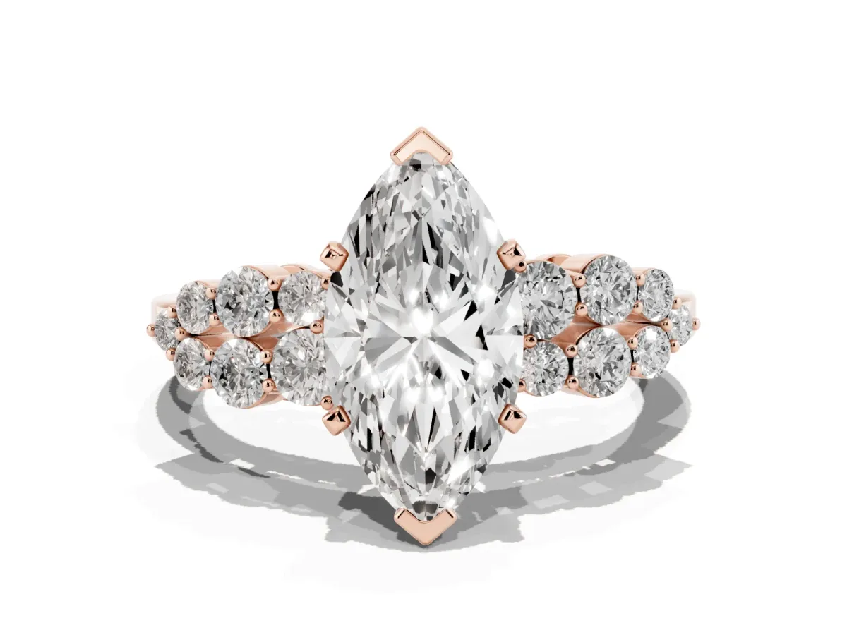 Marquise Cut Cluster Diamond Engagement Ring with Pavé Band and Four-Prong Setting Rose gold