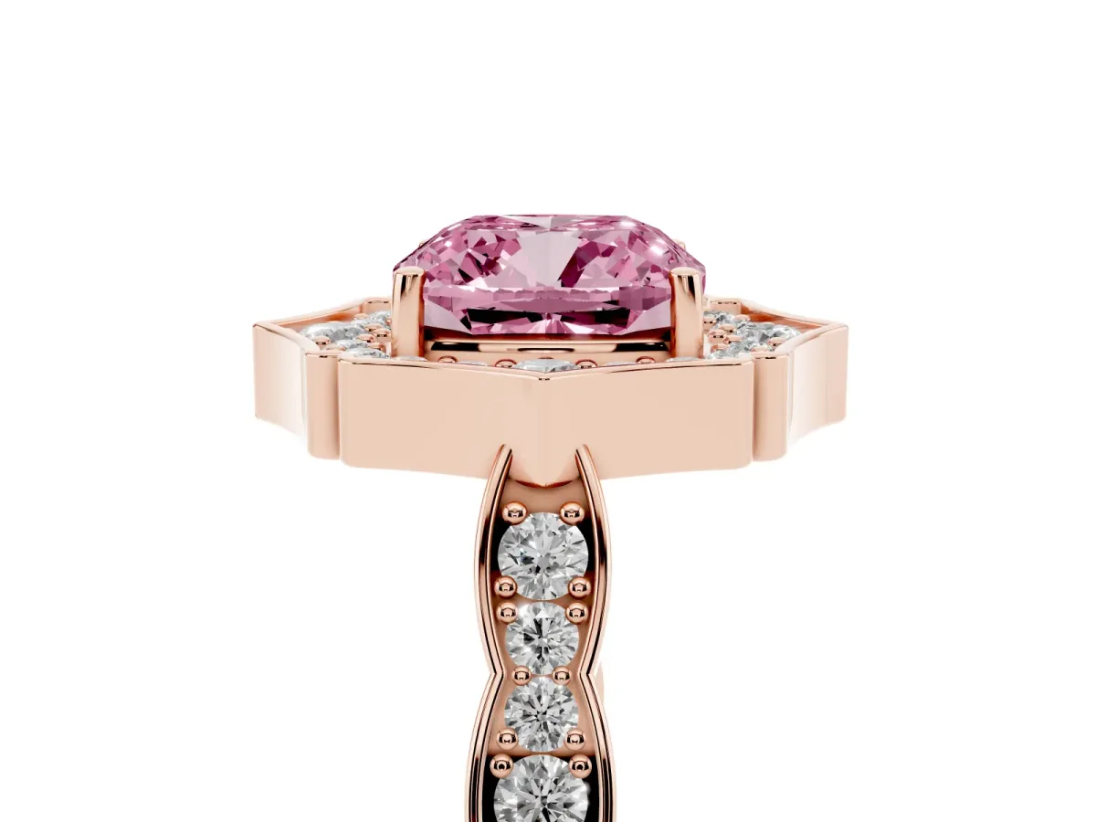 Fancy Pink Cushion Cut Halo Diamond Engagement Ring with Milgrain Band and Four-Prong Setting Rose gold