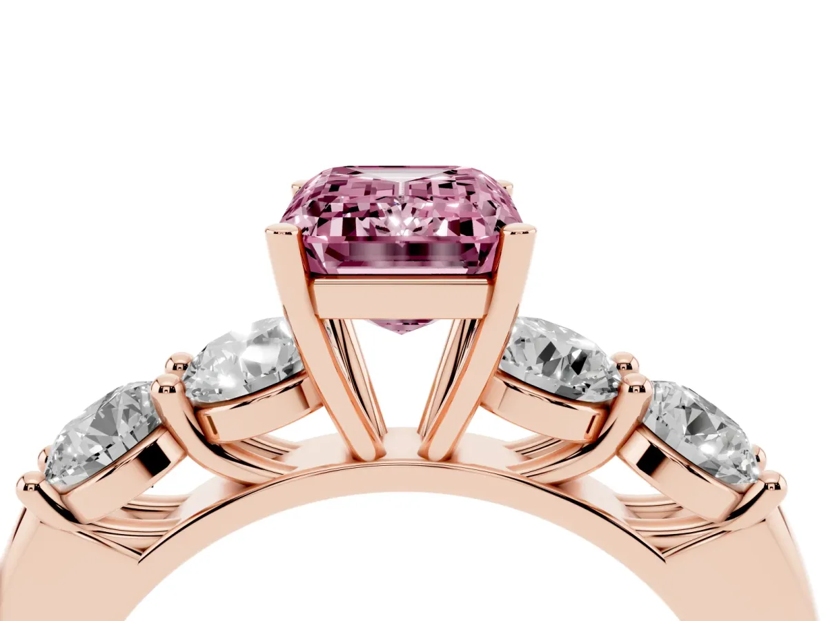 Fancy Pink Emerald Cut Cut Five-Stone Prong Set Diamond Ring with Classic Band Rose gold