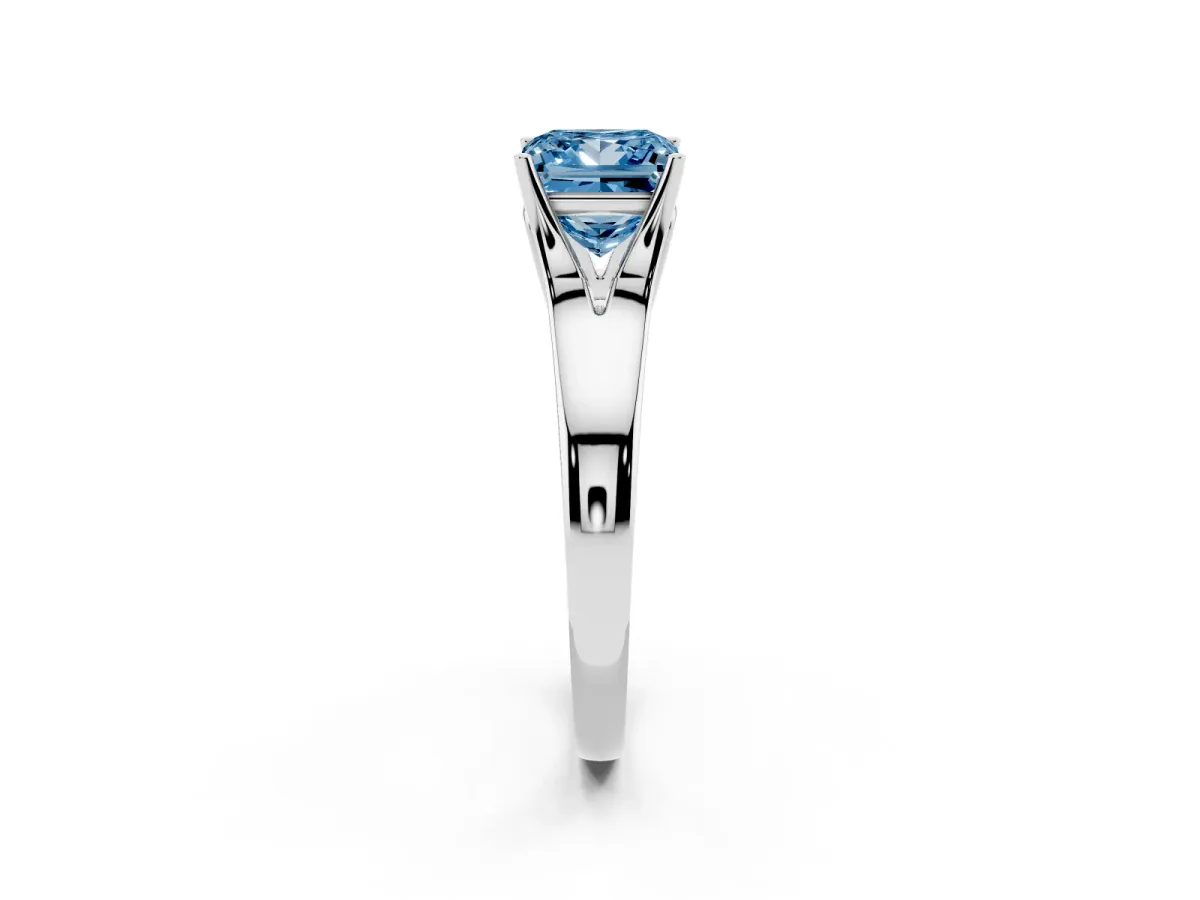 Fancy Blue Princess Cut Solitaire Diamond Ring with Cathedral Band and Four-Prong Setting Silver