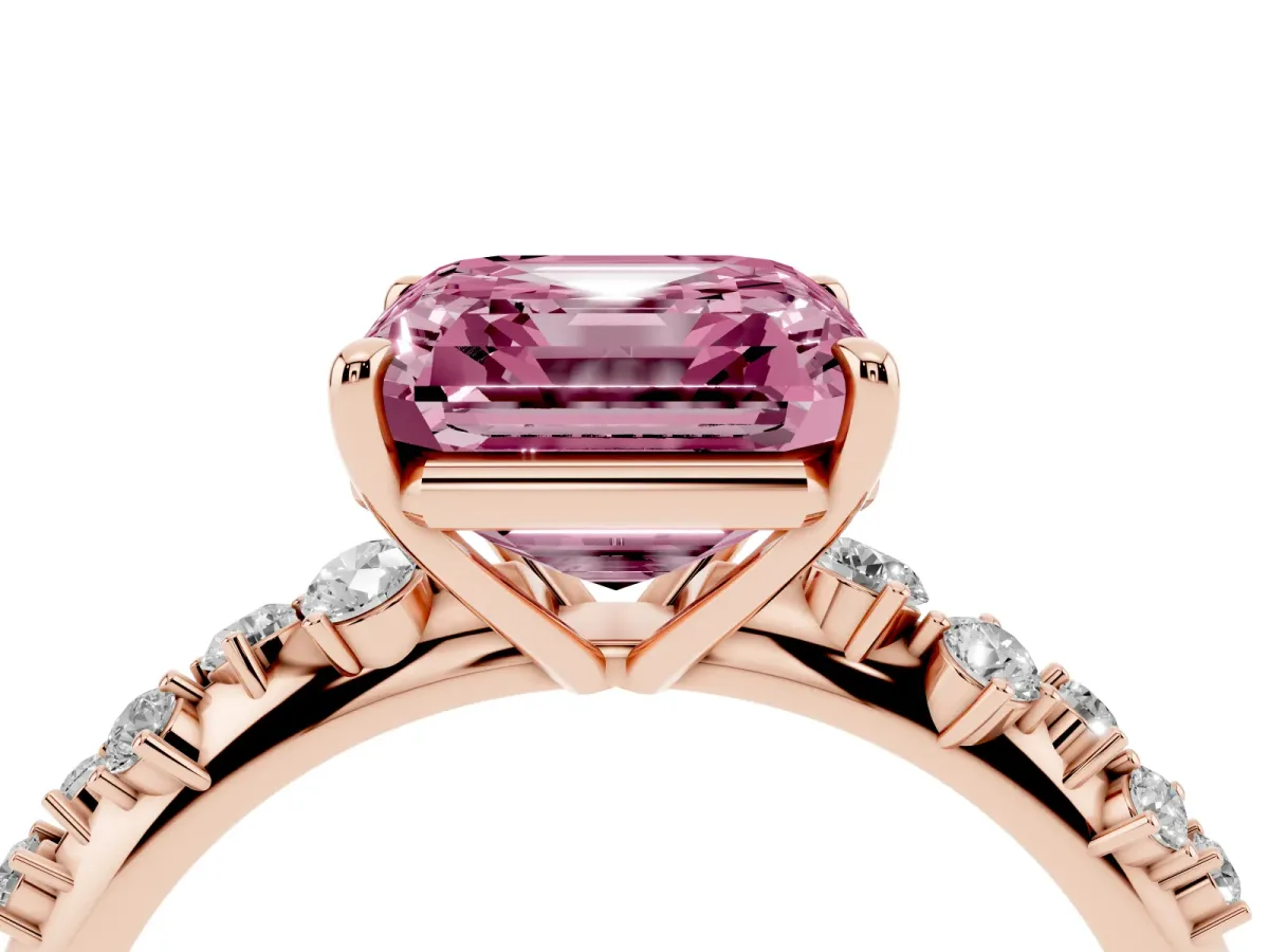 Fancy Pink Asscher Cut Diamond Cluster Side Stone Solitaire Ring with Prong Setting Rose gold