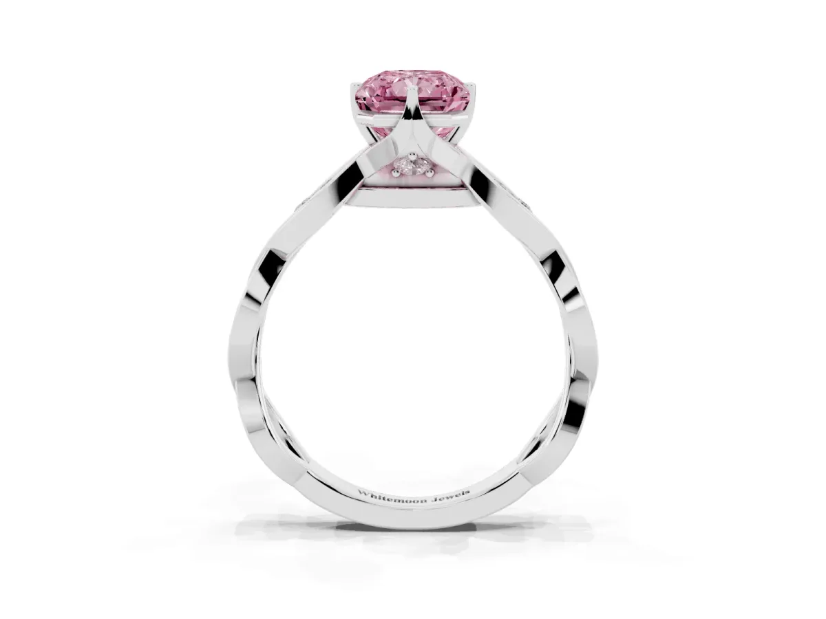 Fancy Pink Radiant Cut Solitaire Twist Band with Leaf Prong Setting Silver