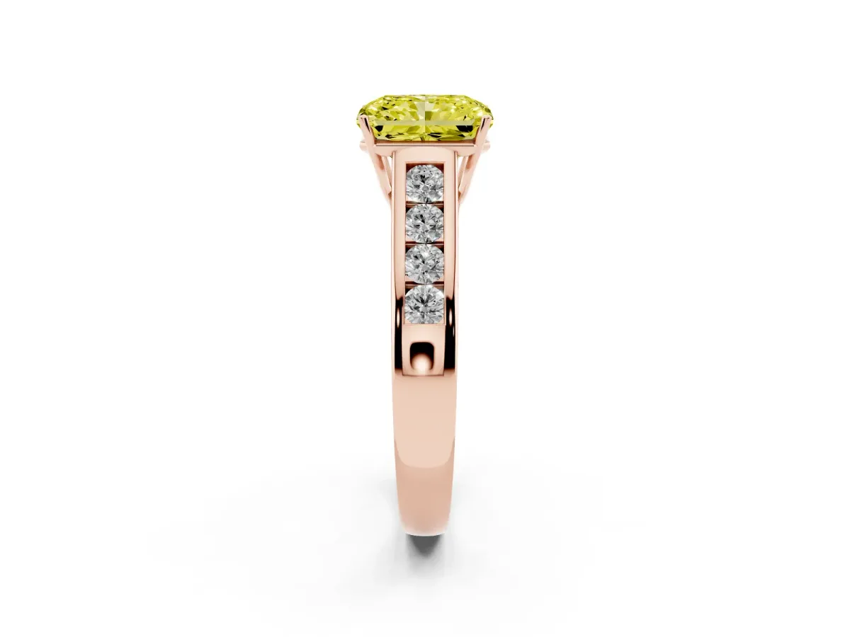 Fancy Yellow Radiant Cut Solitaire Channel-Set Diamond Engagement Ring with Four-Prong Setting Rose gold