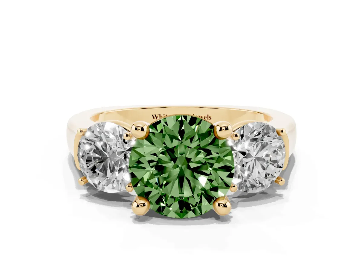 Fancy Green Three-Stone Round Cut Brilliant Diamond Trellis Ring with Comfort Fit Band Yellow gold