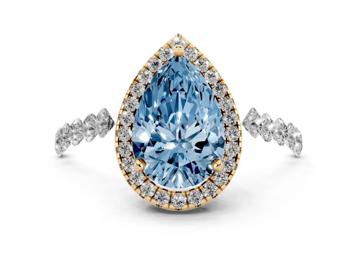 Fancy Blue Pear Cut Halo Pavé Diamond Engagement Ring with Four-Prong Setting Yellow gold