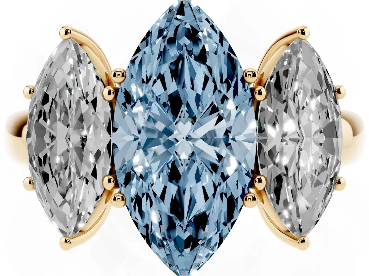 Fancy Blue Marquise Cut Diamond Three-Stone Ring with Four-Prong Setting and Classic Band Yellow gold