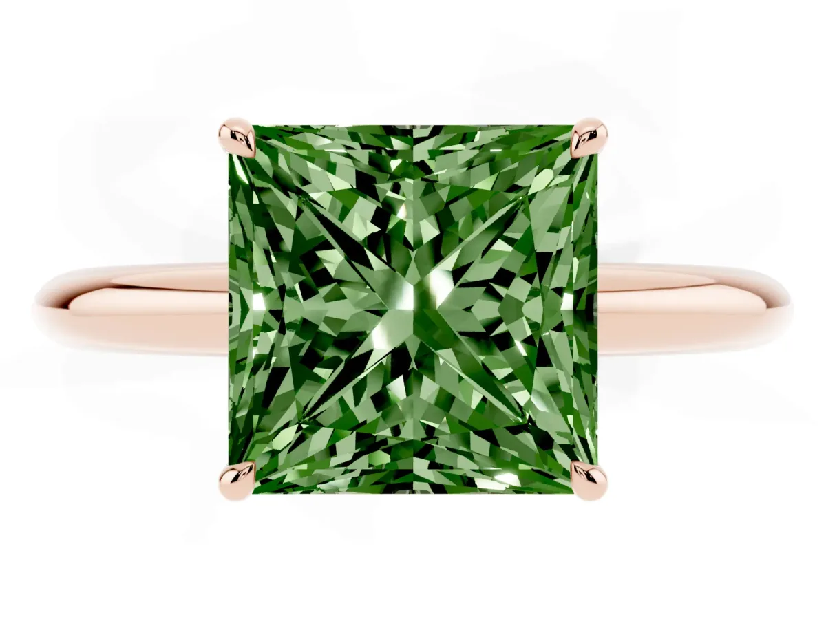 Fancy Green Princess Cut Brilliant Solitaire Engagement Ring with Six-Prong Setting and Classic Band Rose gold