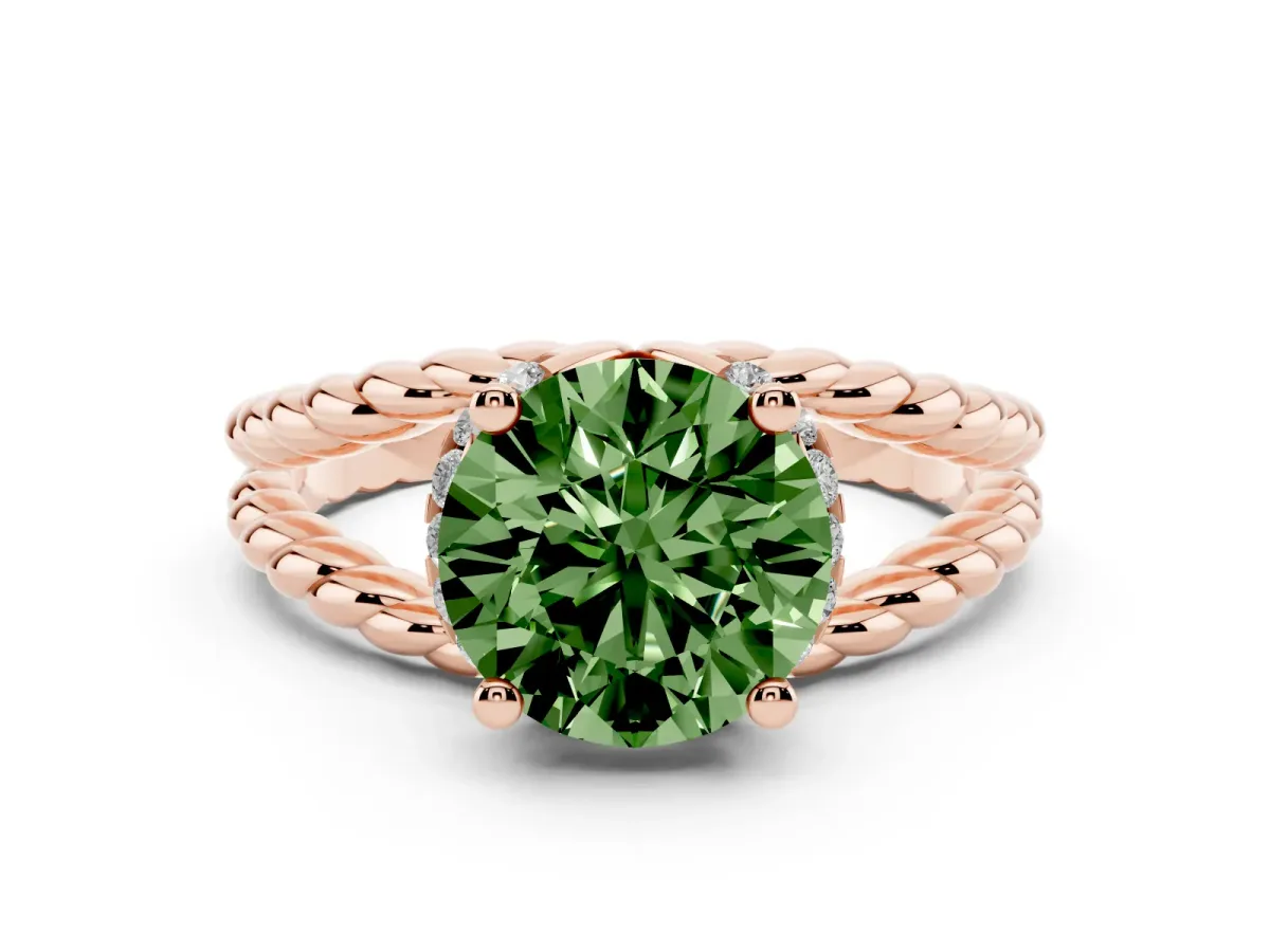Fancy Green Round Cut Halo Twisted Band Four-Prong Ring Rose gold
