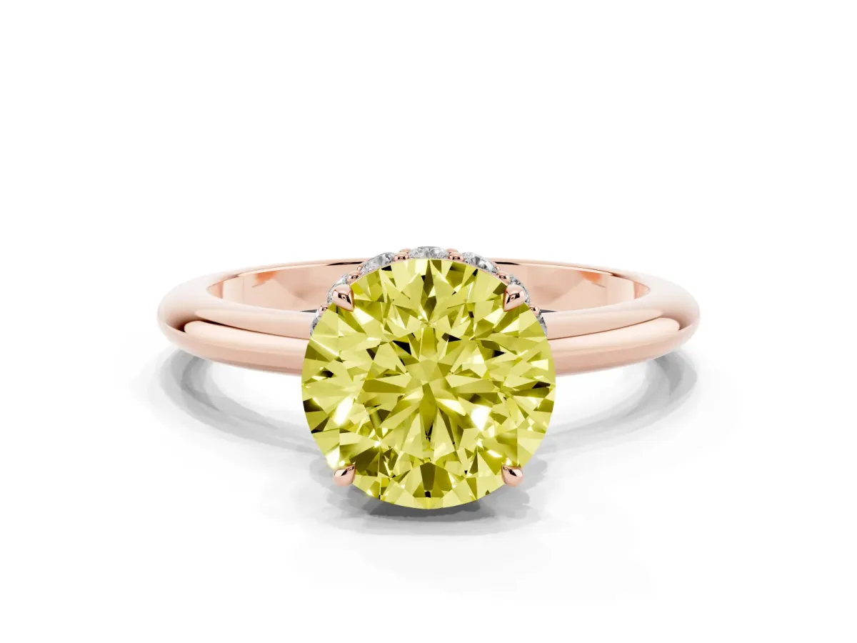 Fancy Yellow Round Cut Brilliant Solitaire Engagement Ring with Six-Prong Setting and Classic Band Rose gold