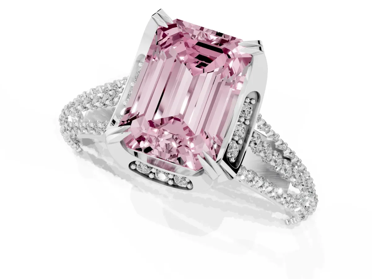 Fancy Pink Emerald Cut Solitaire Pave Split Shank Ring with Four-Prong Setting Silver