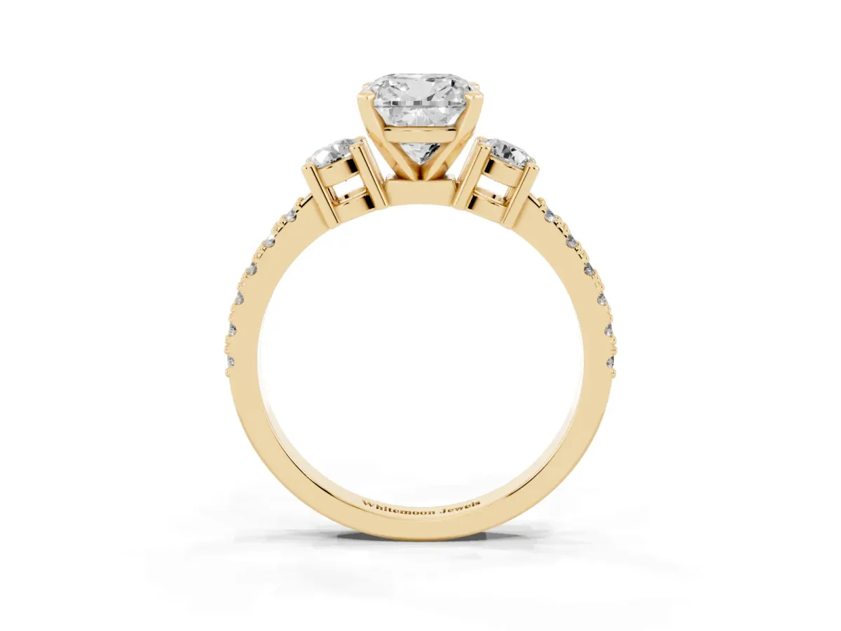 Cushion Cut Three-Stone Diamond Pavé Band with Prong Setting Yellow gold