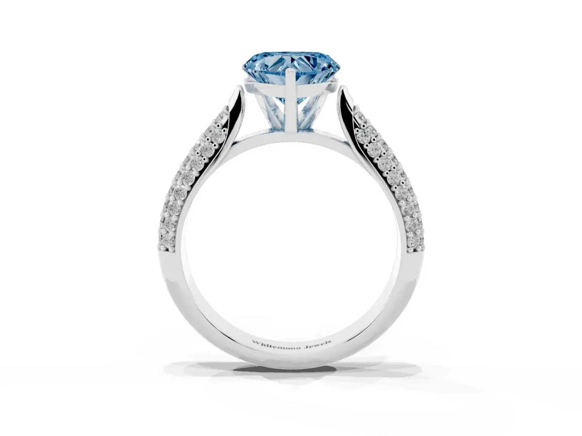 Fancy Blue Heart Cut Diamond Solitaire Engagement Ring with Multi-Row Round Pavé Band and Prong Setting Silver