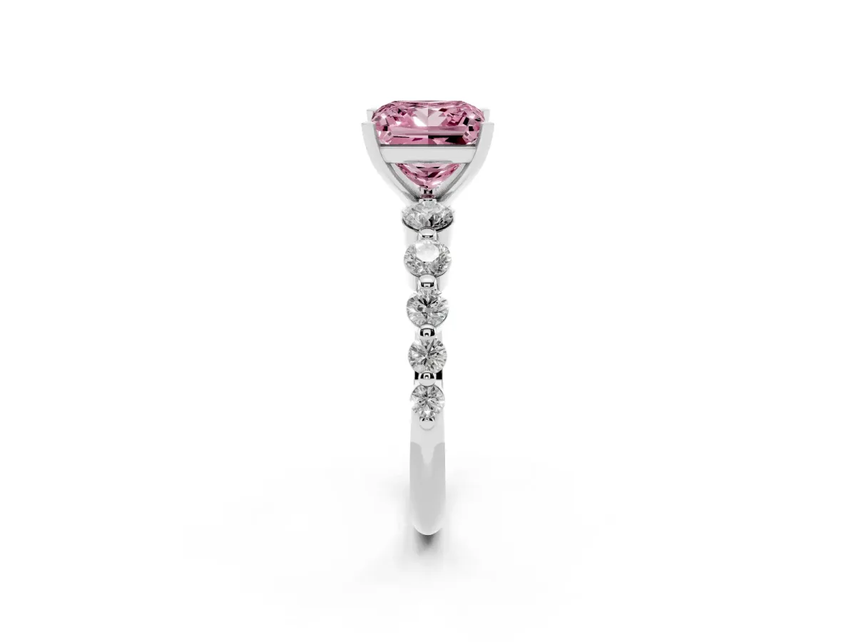 Fancy Pink Princess Cut Solitaire Diamond Ring with Pave Band and Four-Prong Setting Silver