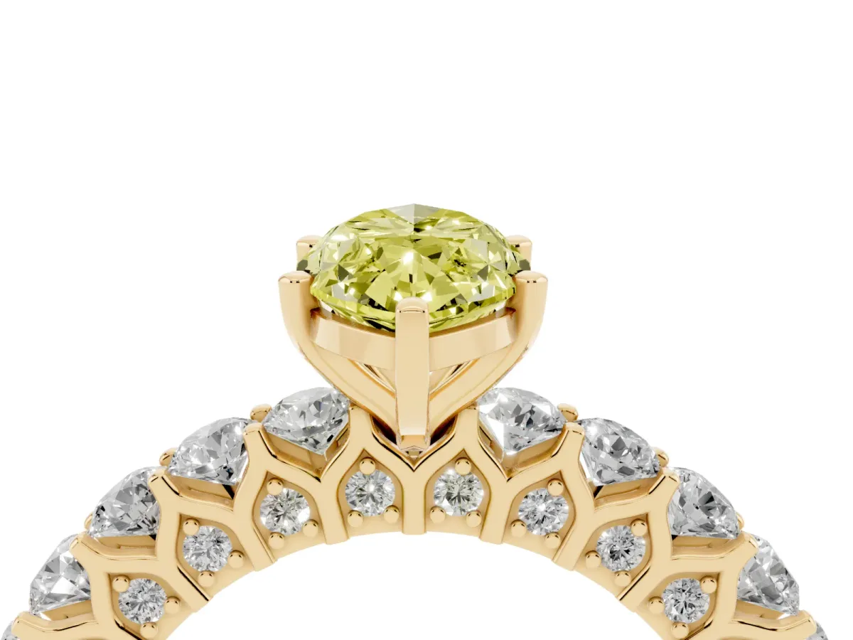 Fancy Yellow Marquise Cut Diamond Solitaire Ring with Shared Prong Pavé Band and Four-Prong Setting Yellow gold