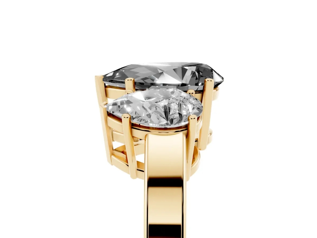 Fancy Black Three-Stone Pear Cut Cut Diamond Engagement Ring with Flat Band and Four-Prong Setting Yellow gold