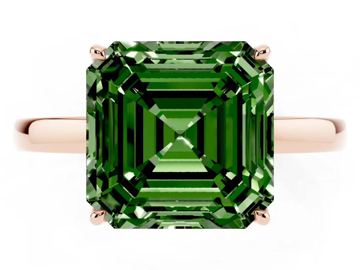 Fancy Green Asscher Cut Diamond Solitaire Ring with Thin Band and Prong Setting Rose gold