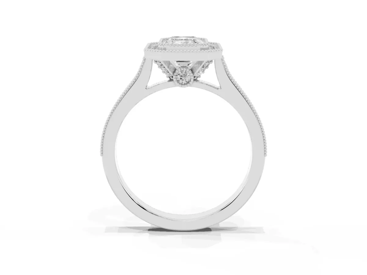Halo Emerald Cut-Cut Diamond Pave Band Milgrain Prong Setting Ring Silver
