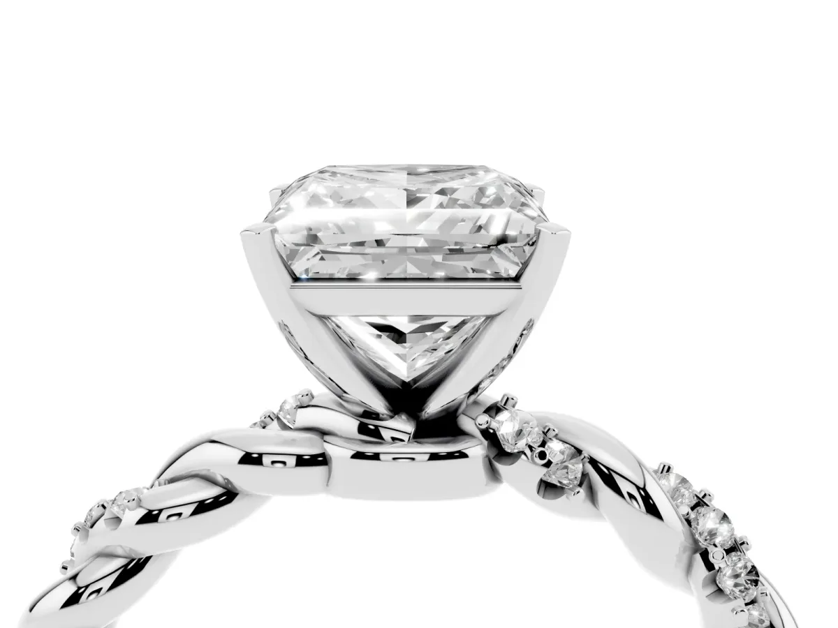 Princess Cut Diamond Solitaire Ring with Twisted Band and Pavé Accents White gold