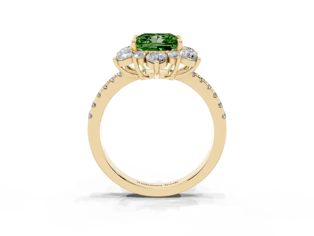 Fancy Green Princess Cut Diamond Floral Halo Ring with Round Pavé Band and Prong Setting Yellow gold