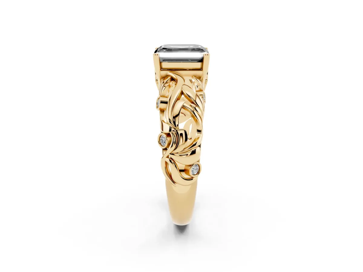 Fancy Black Asscher Cut Solitaire Diamond Leaf-Inspired Vine Band Ring with Prong Setting Yellow gold