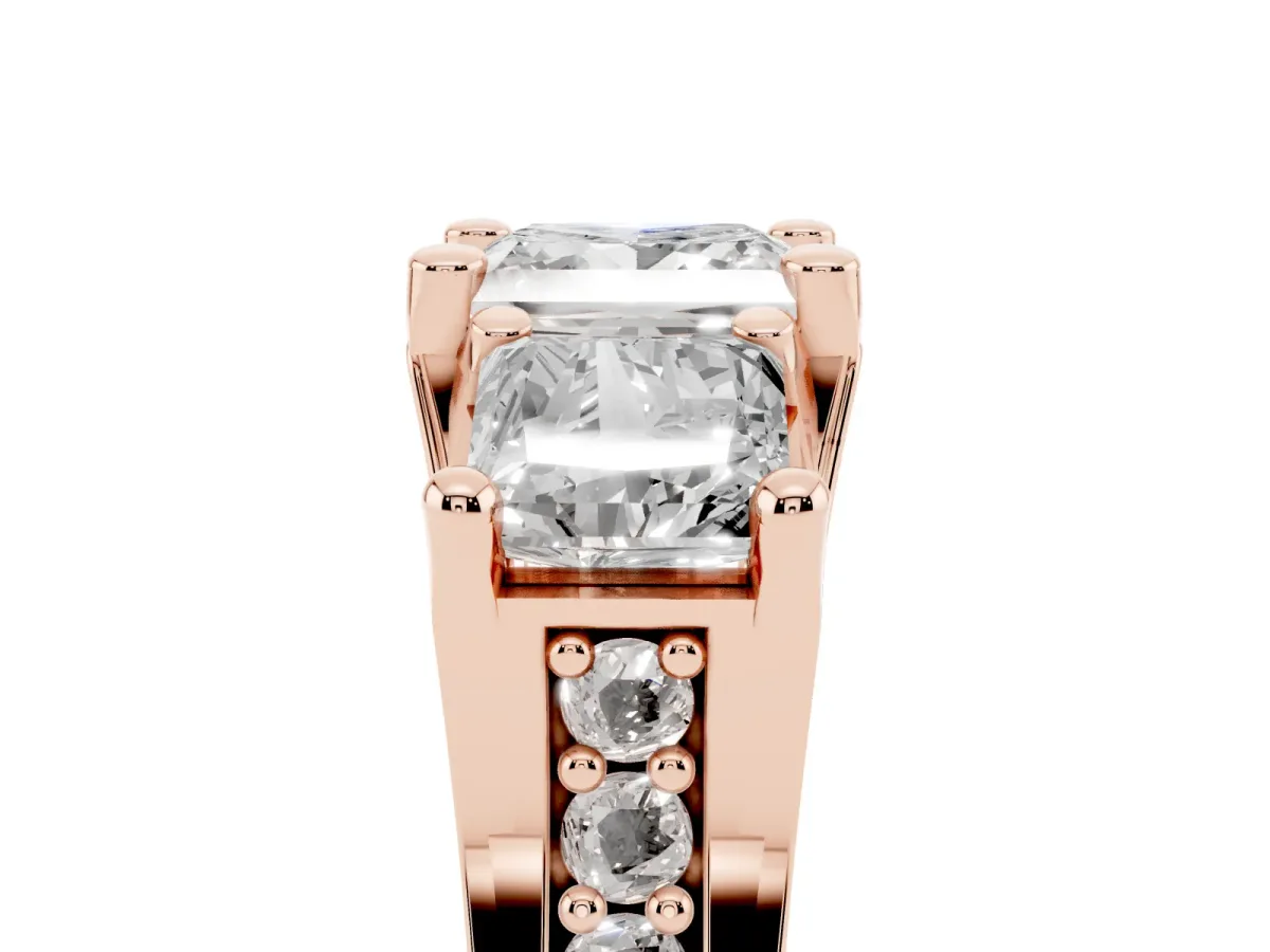 Princess Cut Diamond Three-Stone Ring with Channel Set Band and Four-Prong Setting Rose gold