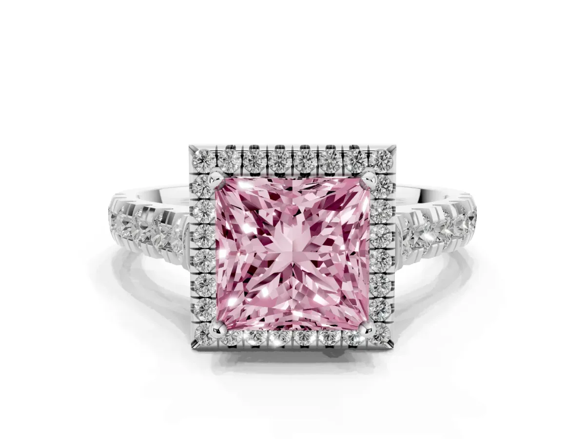 Fancy Pink Princess Cut Halo Pavé Diamond Engagement Ring with Four-Prong Setting Silver