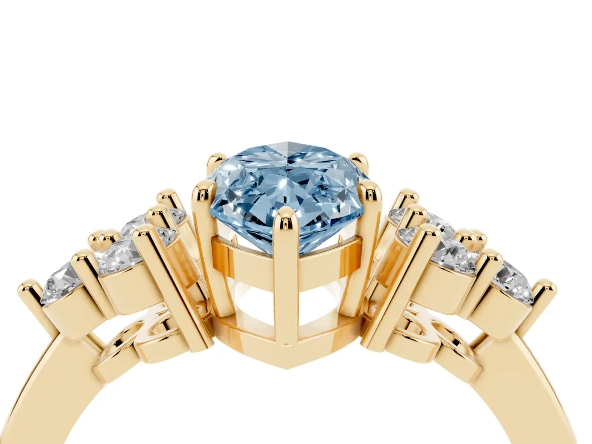 Fancy Blue Marquise Cut Brilliant Diamond Cluster Accent Solitaire Ring with Prong Setting Yellow gold