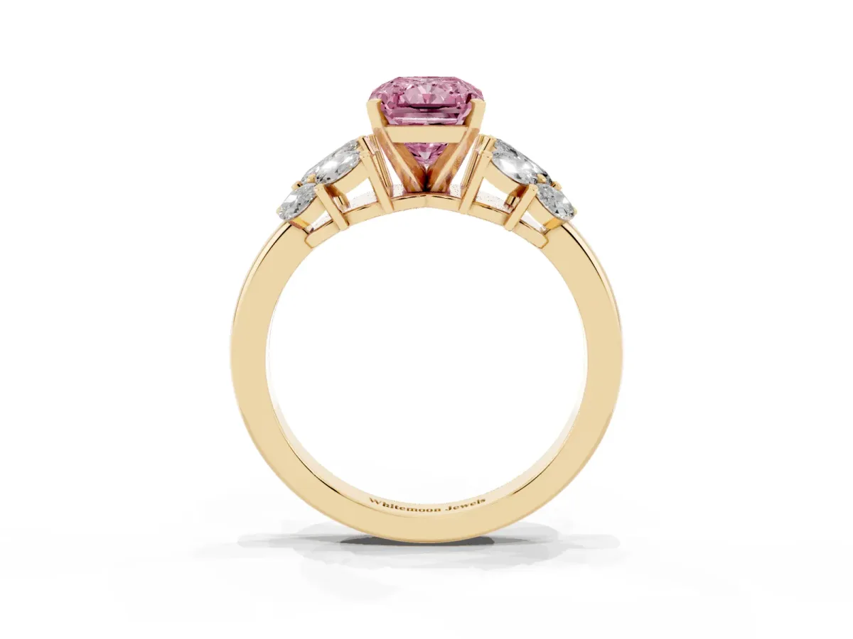 Fancy Pink Radiant Cut Diamond Cluster Leaf Design Ring with Prong Setting Yellow gold