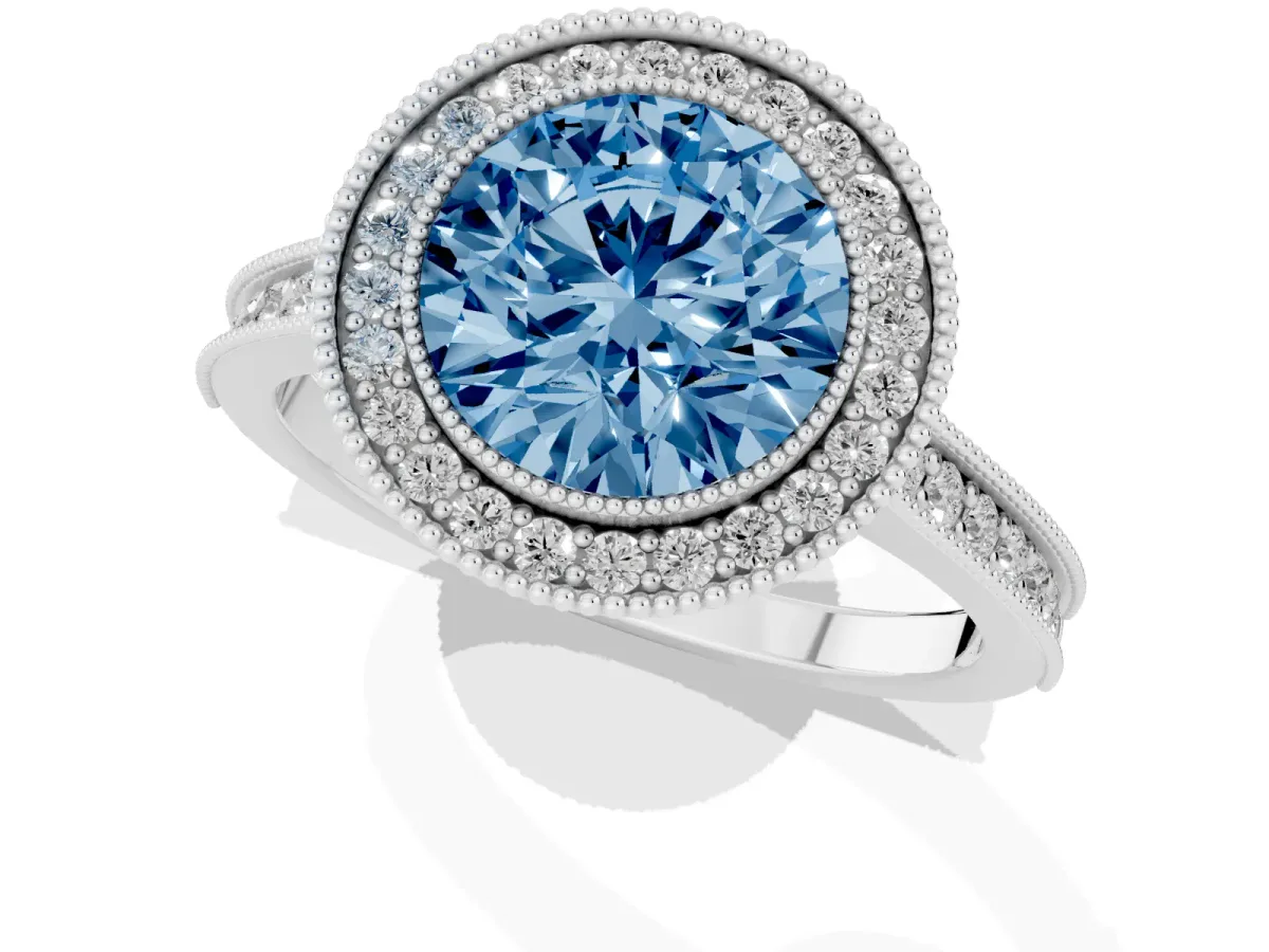 Fancy Blue Halo Round Cut-Cut Diamond Pave Band Milgrain Prong Setting Ring Silver