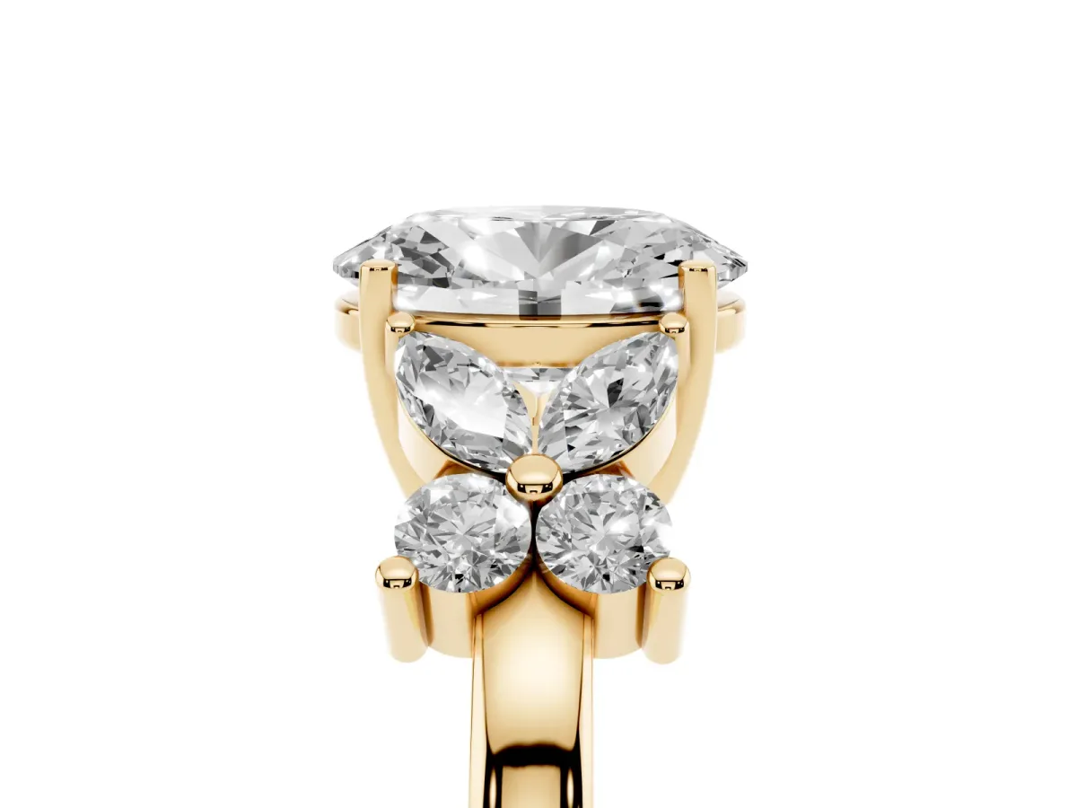 Oval Cut Diamond Floral Cluster Ring with Solitaire Band and Prong Setting Yellow gold