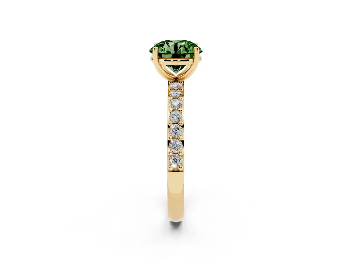 Fancy Green Round Cut Cut Diamond Solitaire with Pave Band and Four-Prong Setting Yellow gold