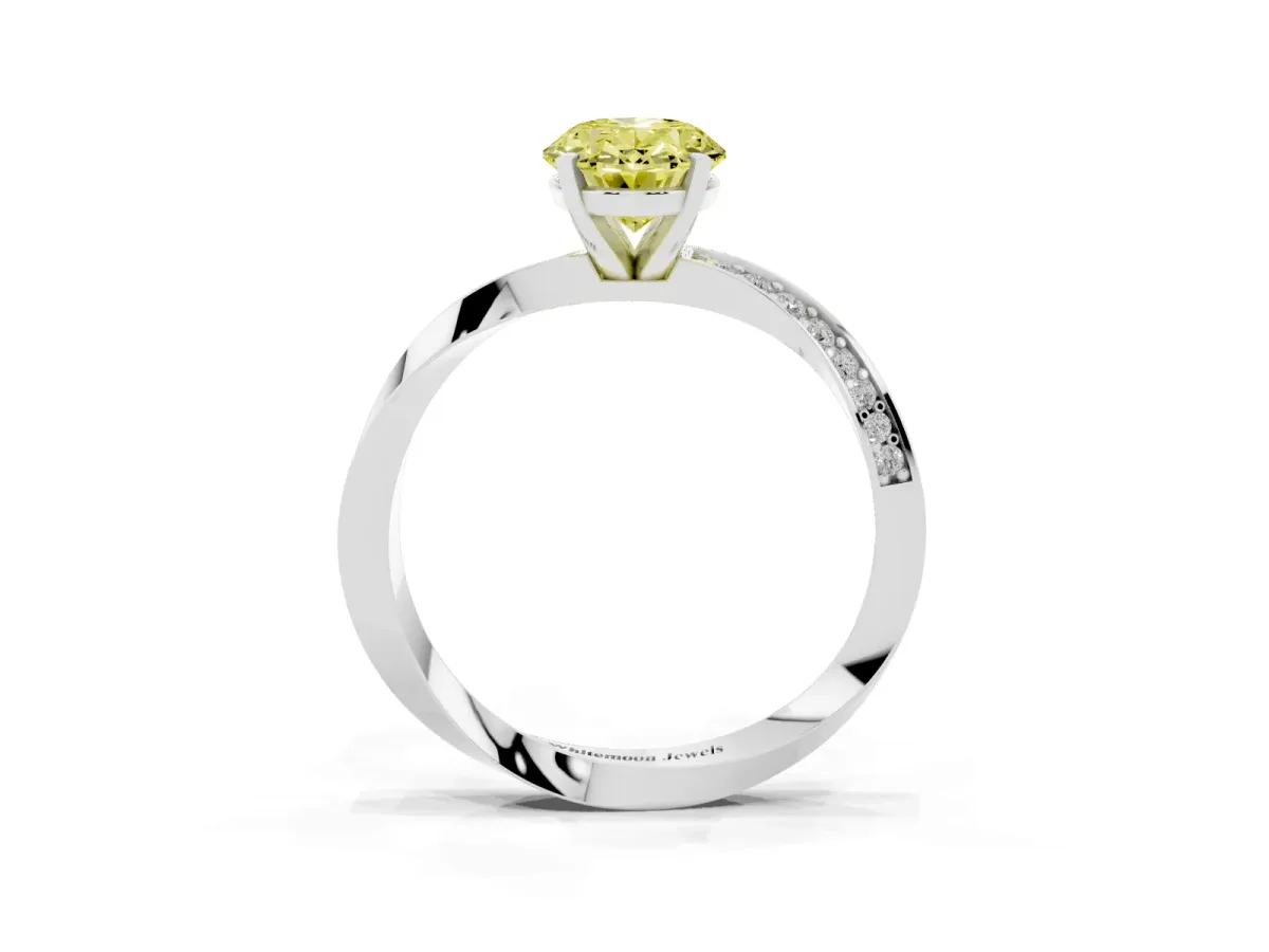 Fancy Yellow Oval Cut Diamond Engagement Ring with Side Stone Accents and Four-Prong Setting Silver