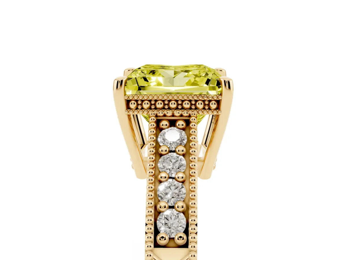 Fancy Yellow Princess Cut Solitaire Pavé Diamond Milgrain Engagement Ring with Four-Prong Setting Yellow gold
