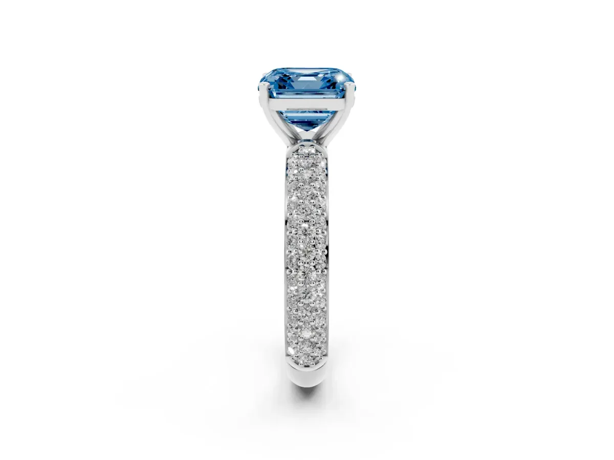 Fancy Blue Asscher Cut Diamond Solitaire Ring with Prong Setting and Pavé Band Platinum