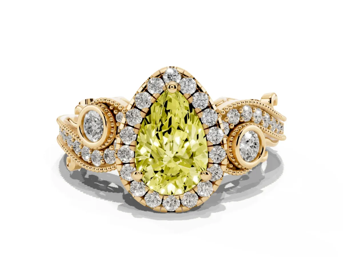 Fancy Yellow Pear Cut Halo Diamond Ring with Milgrain and Bezel Accents on a Split Shank Band Yellow gold