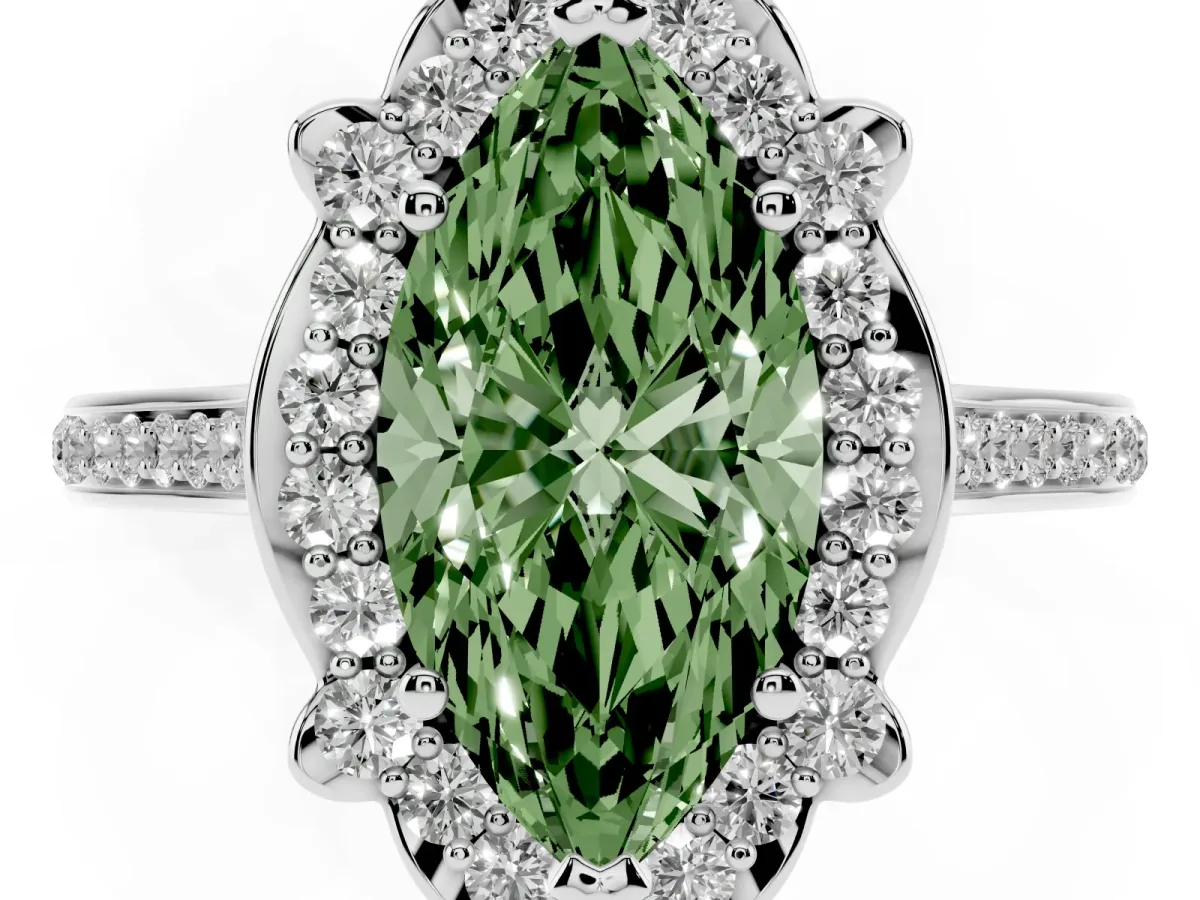 Fancy Green Marquise Cut Halo Round Diamond Pave Band with Four-Prong Setting Platinum
