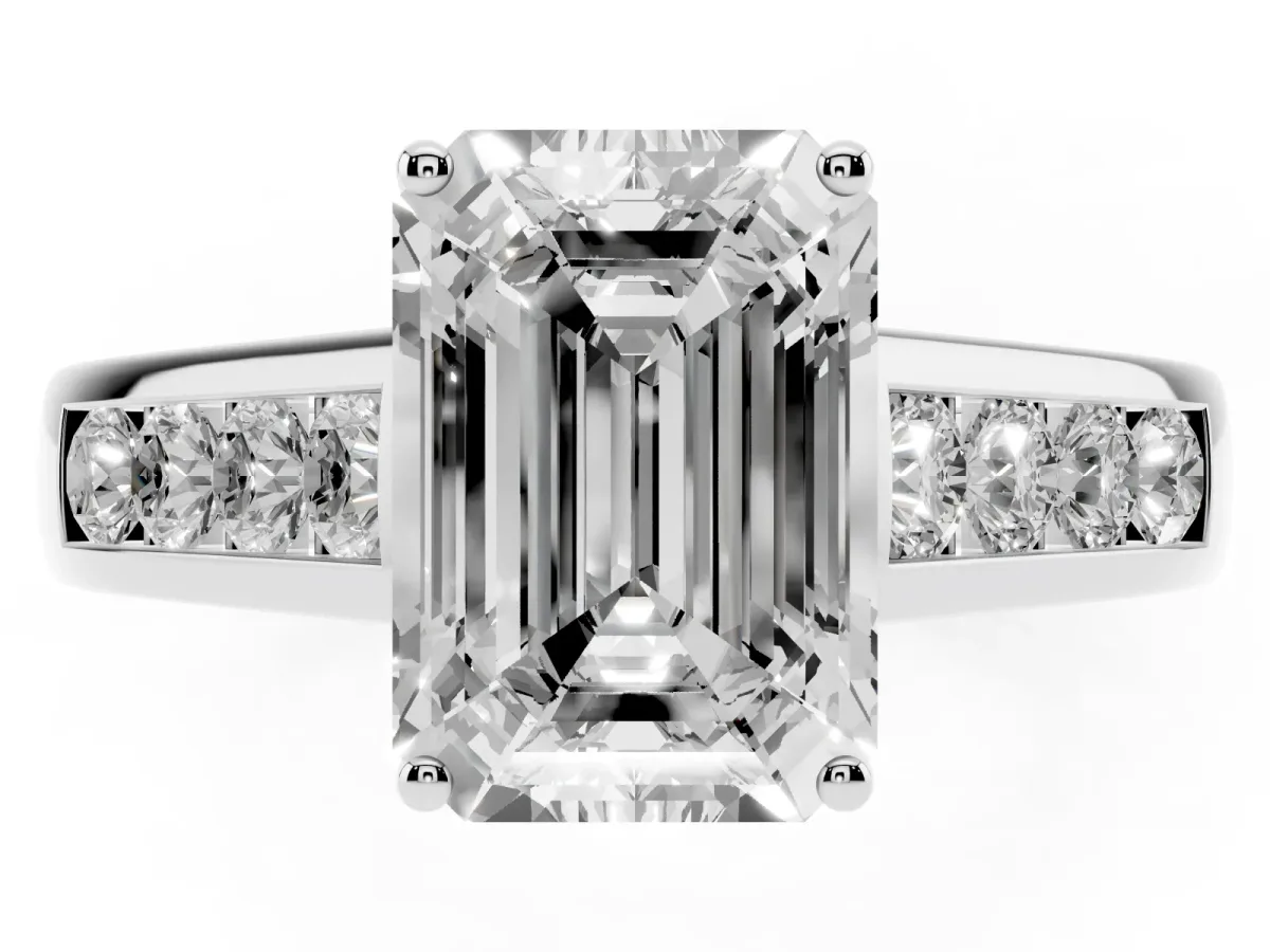 Emerald Cut Solitaire Channel-Set Diamond Engagement Ring with Four-Prong Setting Silver